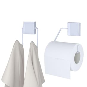 Jogo Gancho Duplo E Porta Papel Higiênico Banheiro Aço Exclusive Branco - Dicarlo