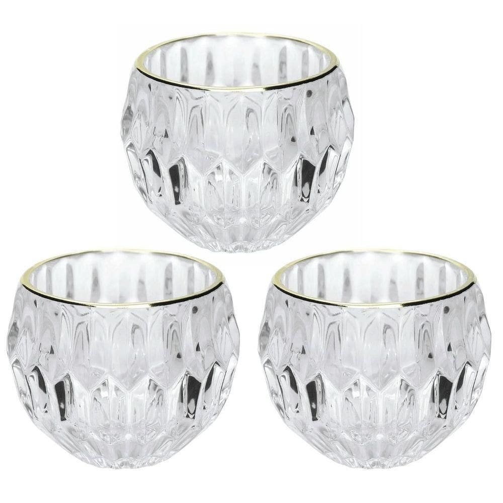 Jogo 3 Porta Velas Castiçal Vidro Facetado Borda Dourado - Yangzi