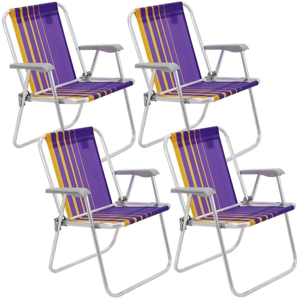 Kit 04 Cadeiras de Praia Tramontina Samoa Alta em Alumínio com Assento Roxo e Amarelo 92900003