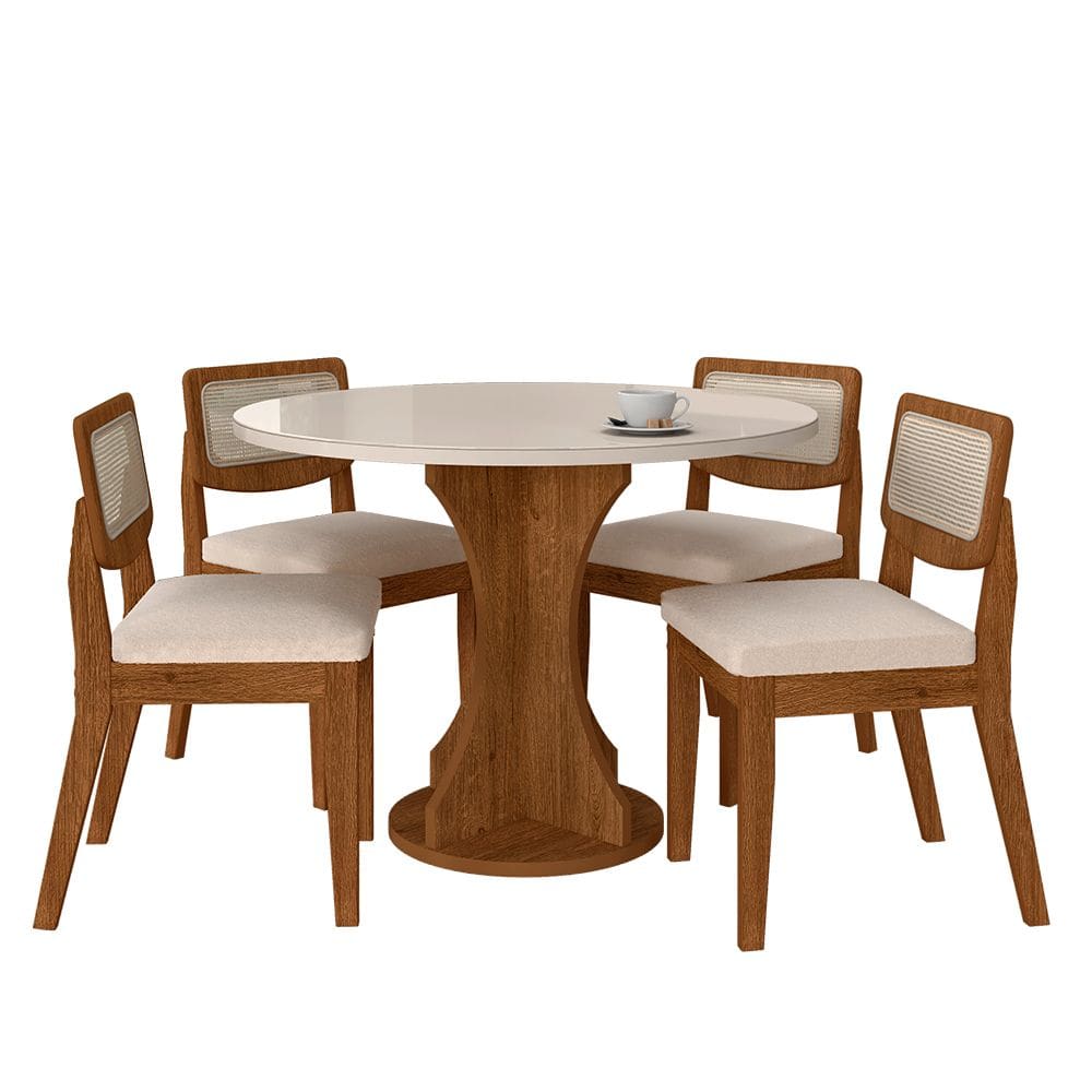 Mesa Com 4 Cadeiras Redonda C/vidro Santorini Fre/off/bouclé Off - M.a