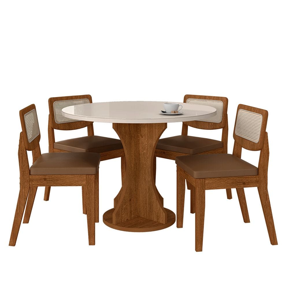 Mesa Com 4 Cadeiras Redonda C/vidro Santorini Fre/off/cor.caramel - Ma