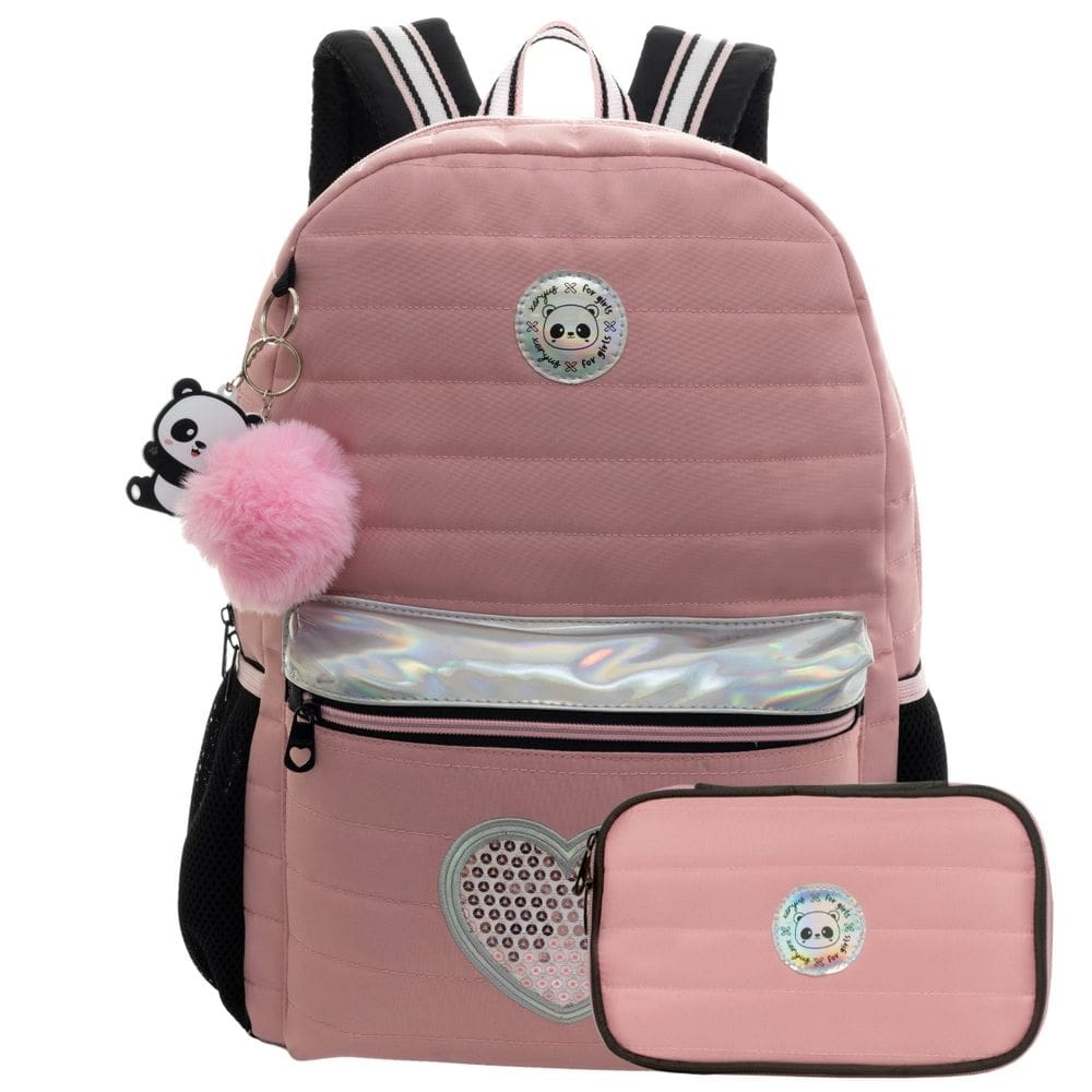 Mochila De Costas 16" Panda Holográfico E Estojo Box Escolar