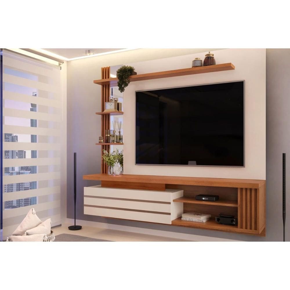 Painel Home p/ TV até 55 Pol Marin c/ 1 Porta e Torre Ripada 160x153cm Off White/Freijó - DJ Móveis
