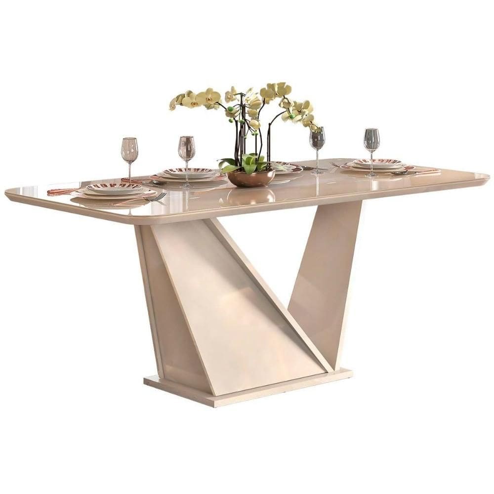 Mesa de Sala Jantar Forme c/ Tampo Madeirado c/ Vidro Curvo 180x90cm Off White - DJ Móveis