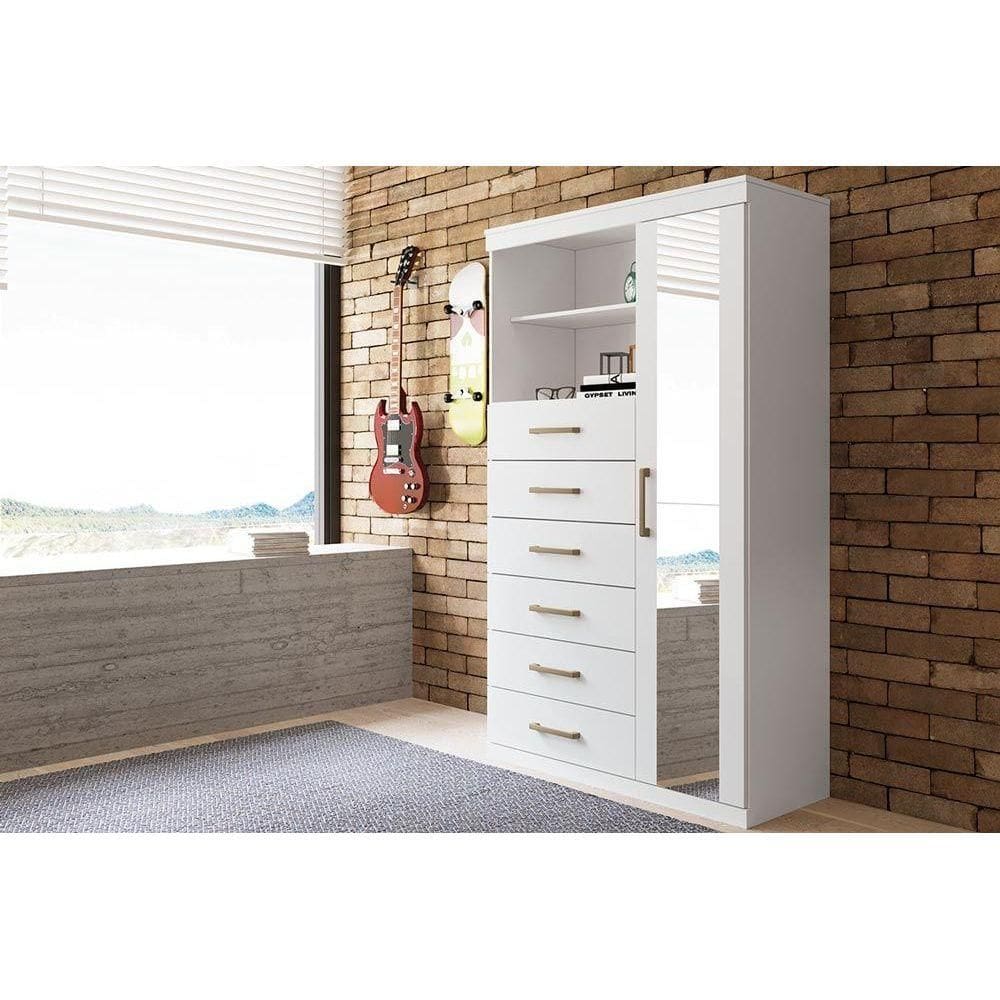 Cômoda Casal Marabá 1.6 c/ 1 Porta 2 Nichos e 6 Gavetas c/ Espelho Branco - Santos Andirá