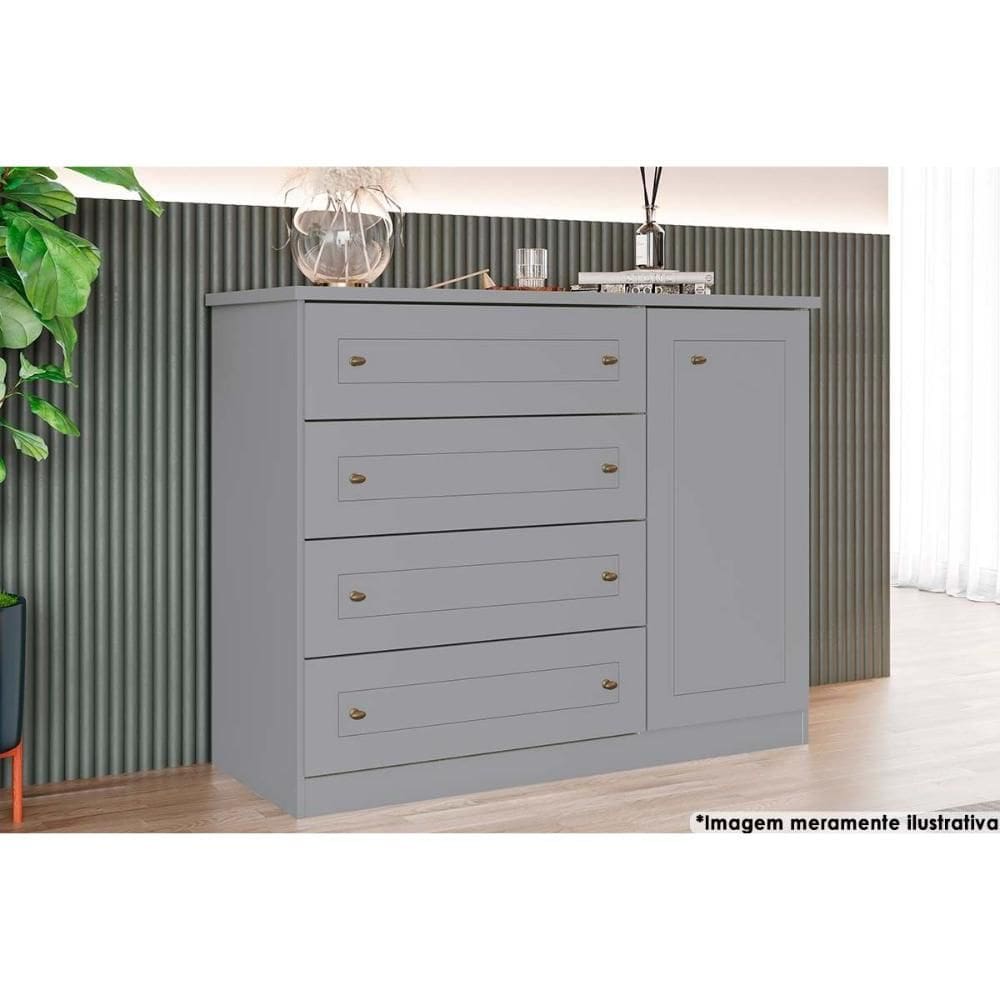Cômoda de Quarto Americana c/ 1 Porta e 4 Gavetas Cinza - Henn