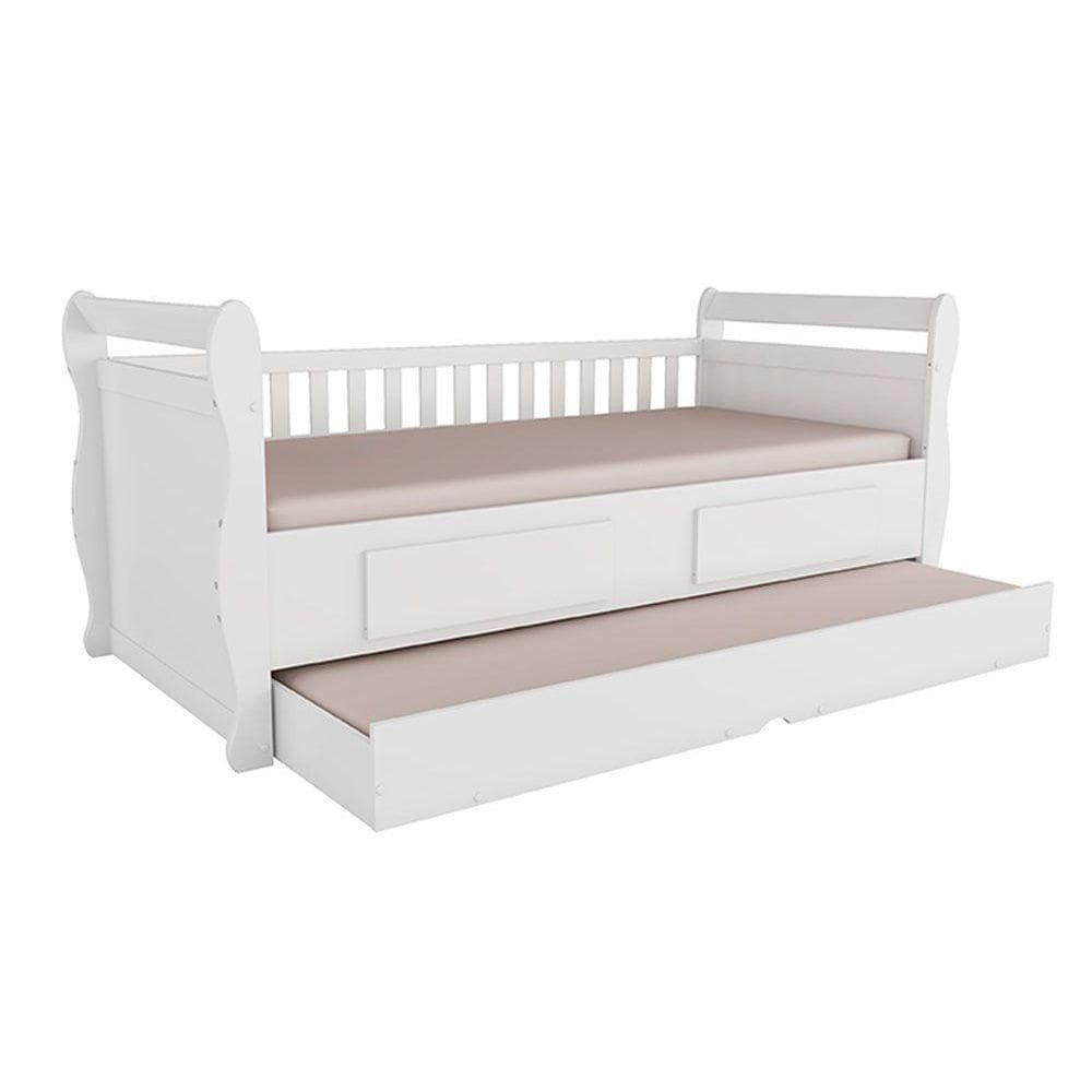 Cama Solteiro de Babá Maria c/ 2 Gavetas e Auxiliar Branco - Peroba