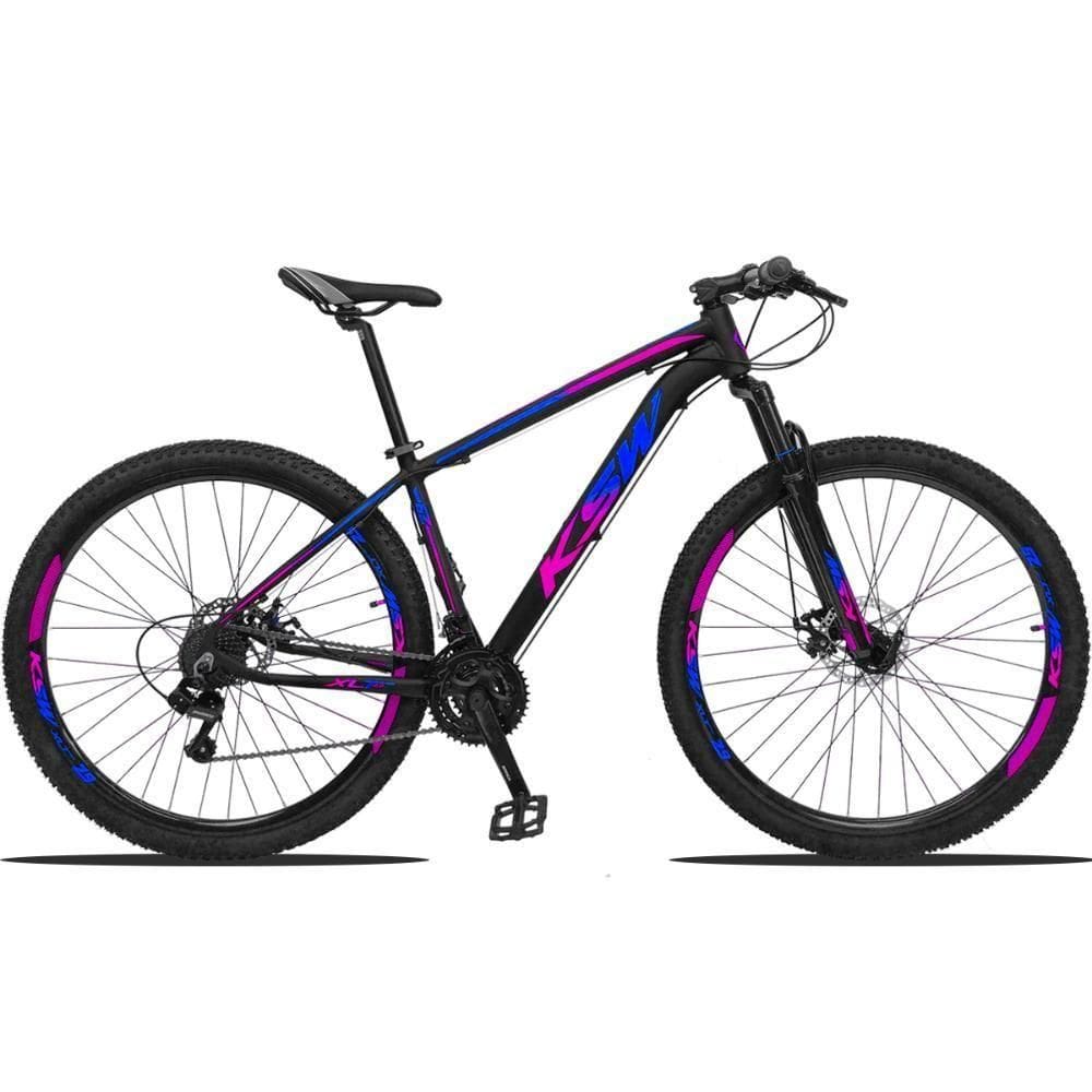 Bicicleta Aro 29 Ksw 27v Deore Freio Hidraulico Trava Guidão - Preto-azul E Rosa - 21”