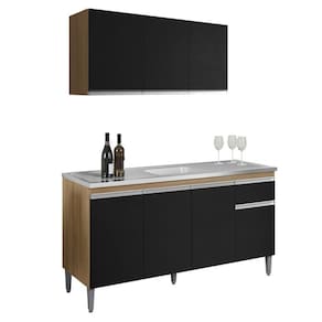 Balcão de Pia Tatiane 145 cm e Armário Aéreo Andreia 3 Portas 120 cm Amêndoa Preto - AJL