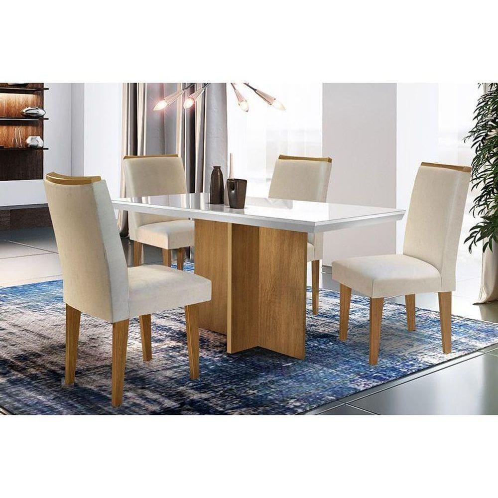 Conjunto: Mesa Sala Jantar Berlim c/ Tampo Madeirado c/ Vidro Canto Reto 120cm Canto Reto + 4 Cadeiras Lunara Imbuia/Veludo Creme - Rufato