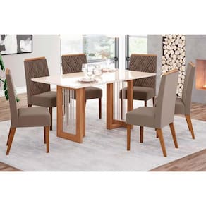 Sala de Jantar Completa Yara SC79 Tampo Madeirado c/ Vidro Canto Curvo 160x90cm e 6 Cadeiras Vita Nature/Veludo Light Bege - Henn