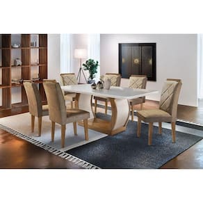 Conjunto: Mesa Sala Jantar Jade c/ Tampo Madeirado c/ Vidro Canto Curvo 180cm + 6 Cadeiras Melissa Imbuia/Chocolate Capuccino - Rufato