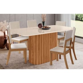 Sala de Jantar Completa Solana SC68 Tampo Madeirado c/ Vidro Canto Curvo 160x90cm e 6 Cadeiras Milla Nature/Veludo Light Linho - Henn
