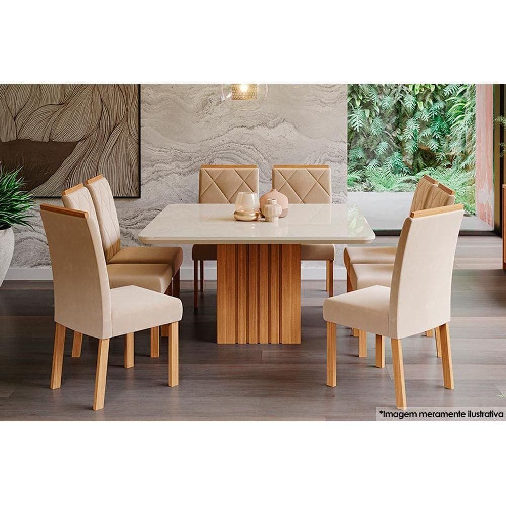 Sala de Jantar Completa Ana Tampo Madeirado c/ Vidro 130x130cm e 8 Cadeiras Fernanda Nature/Off White-Suede Nude Bege - Cimol