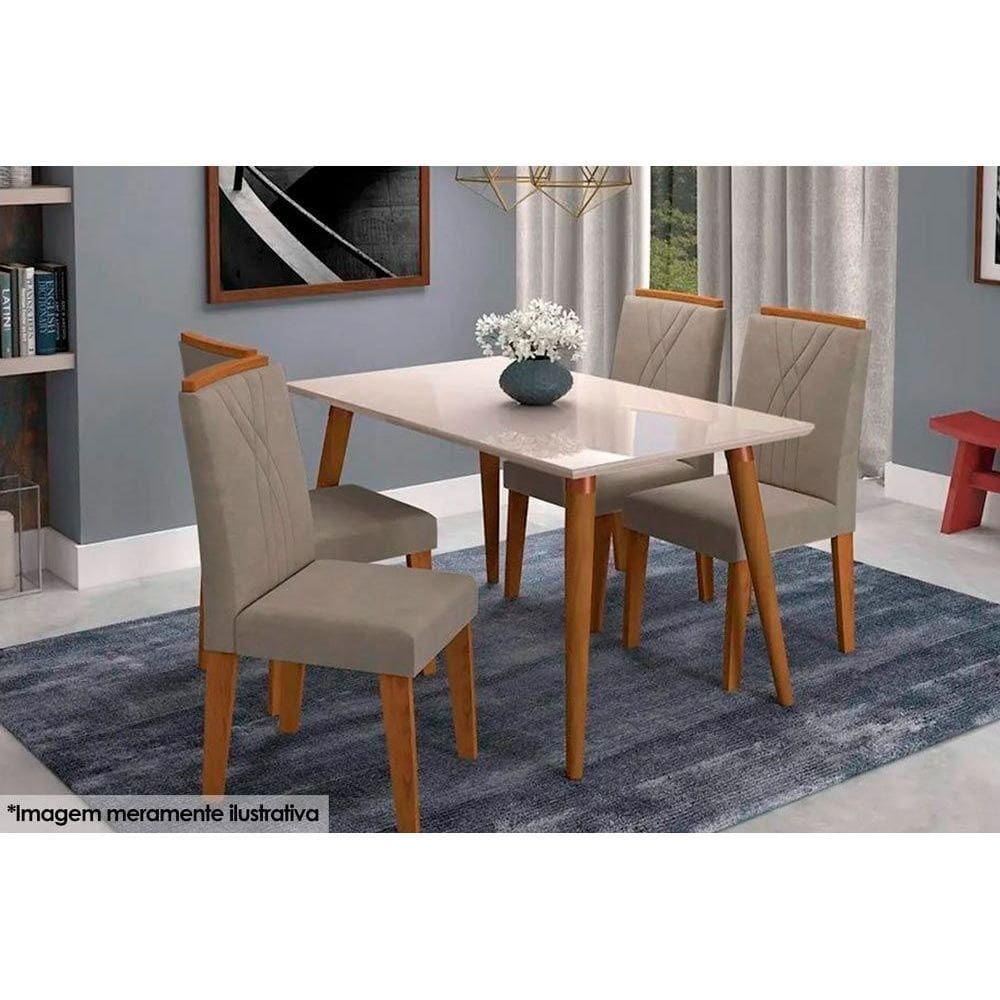 Conjunto: Mesa Sala Jantar Adele c/ Tampo Madeirado c/ Vidro 130cm + 4 Cadeiras Nicole Madeira/OW/Joli - Cimol