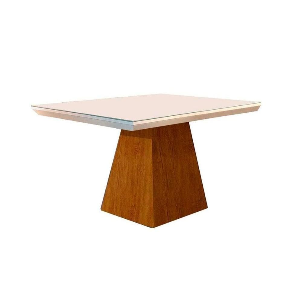 Mesa de Sala Jantar Luna c/ Tampo 90x90cm Madeirado Vidro Canto Curvo - Imbuia/Ripado 3D/Off White - Rufato