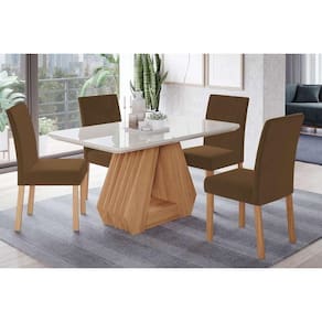 Sala de Jantar Completa Ágata c/ Tampo Madeirado c/ Vidro 130x80cm e 4 Cadeiras Maia Nature/Suede Mascavo Chocolate - Cimol