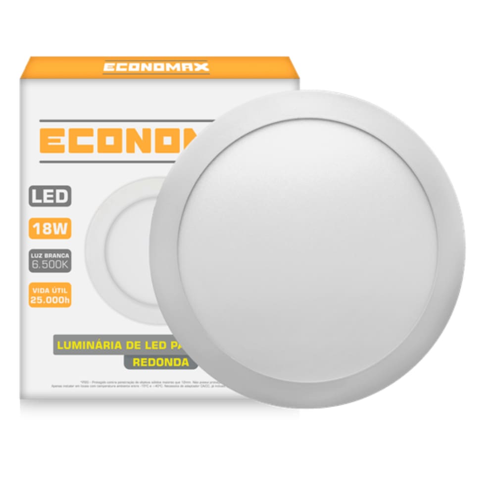 Painel Plafon 18w Redondo Sobrepor  Led 6500K Branca Frio Bivolt Economax