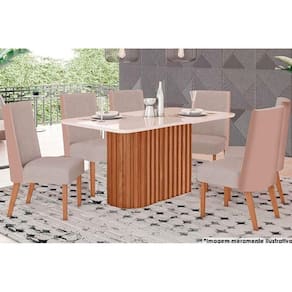 Sala de Jantar Completa Solana SC68 Tampo Madeirado c/ Vidro Canto Curvo 160x90cm e 6 Cadeiras Anne Nature/Courano/Linho - Henn