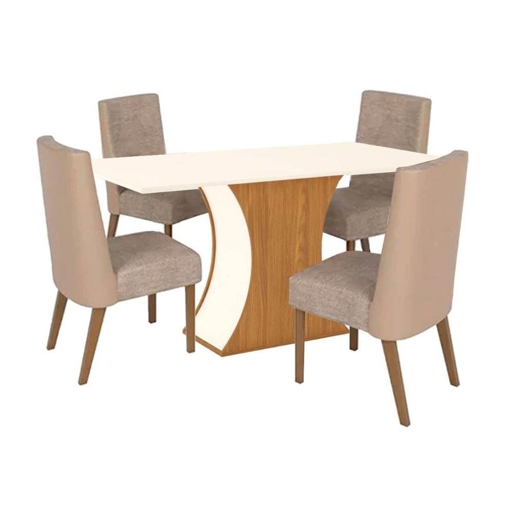 Sala de Jantar Completa Luiza SC15 Tampo Madeirado c/ Vidro Canto Curvo 160x90cm e 4 Cadeiras Anne Nature/Courano/Creme - Henn