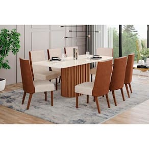 Sala de Jantar Completa Solana SC66 Tampo Madeirado c/ Vidro Canto Curvo 200x90cm e 8 Cadeiras Anne Nature/Courano/Linho - Henn