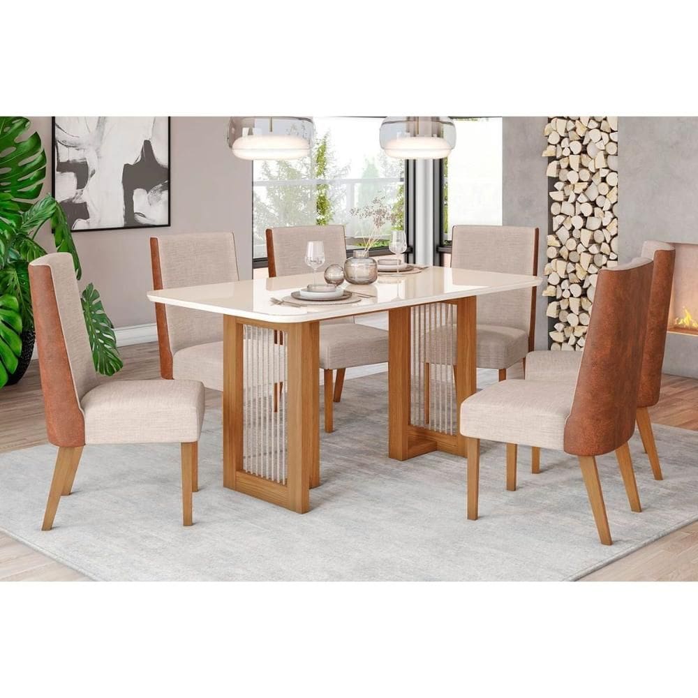 Sala de Jantar Completa Yara SC79 Tampo Madeirado c/ Vidro Canto Curvo 160x90cm e 6 Cadeiras Anne Nature/Courano/Linho - Henn