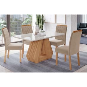 Sala de Jantar Completa Ágata Tampo Madeirado c/ Vidro 130x80cm e 4 Cadeiras Juliana Nature-Madeirado/Linho Bege - Cimol