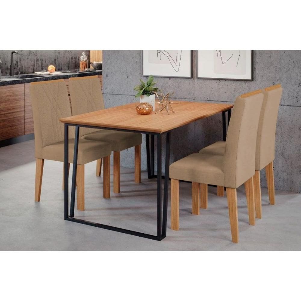 Conjunto: Mesa de Cozinha Lisa Tampo Madeirado c/ Vidro 130x80cm e 4 Cadeiras Nicole Savana/Nature-Suede Pluma-Joli Capuccino - Cimol