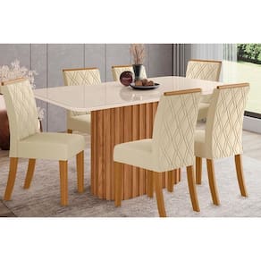 Sala de Jantar Completa Solana SC68 Tampo Madeirado c/ Vidro Canto Curvo 160x90cm e 6 Cadeiras Vita Nature/Veludo Light Linho - Henn