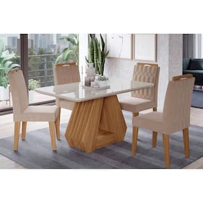 Sala de Jantar Completa Ágata c/ Tampo Madeirado c/ Vidro 130x80cm e 4 Cadeiras Paola Nature/Off White-Suede Nude Bege - Cimol
