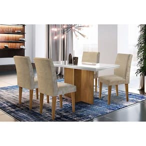 Sala de Jantar Completa Berlim c/ Tampo Madeirado c/ Vidro Canto Reto 120cm + 4 Cadeiras Grécia Imbuia/Capuccino Chocolate - Rufato