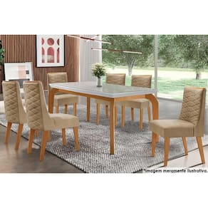 Sala de Jantar Completa Londrina c/ Tampo Madeirado c/ Vidro 180x90cm e 6 Cadeiras Dafne Capuccino/Linho Bege Turim - Rufato