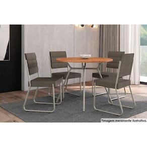 Sala de Jantar Completa 1588 Aço c/ Tampo Madeirado 100cm e 4 Cadeiras 1736 Prata/Tecido Mocca Capuccino - Carraro