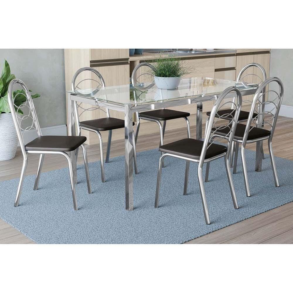 Sala de Jantar Completa Reno c/ Tampo de Vidro 150x80cm e 6 Cadeiras Holanda Cromada/Preto 110 - Kappesberg
