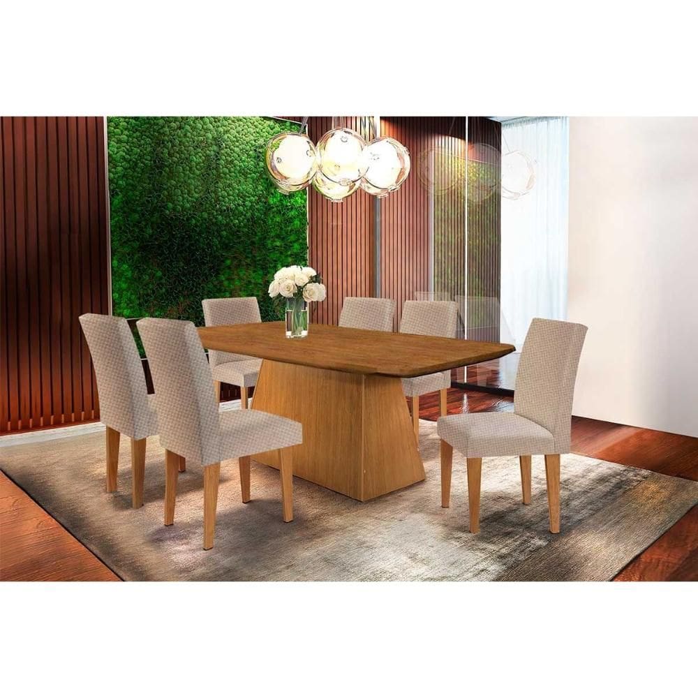 Sala de Jantar Completa Luna Tampo Madeirado Canto Curvo 180x90cm e 6 Cadeiras Grécia Capuccino/Linho Bege Turim - Rufato