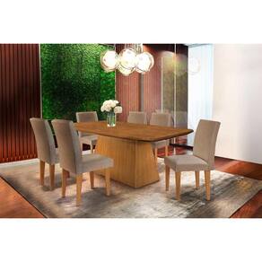 Sala de Jantar Completa Luna Tampo Madeirado Canto Curvo 180x90cm e 6 Cadeiras Grécia Capuccino/Linho Bege Turim - Rufato