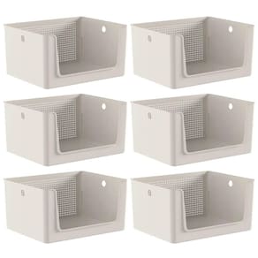 6 Caixas Organizadoras Flow 16L Cestos Bege Abertura Frontal Banheiro Lavanderia Escritório