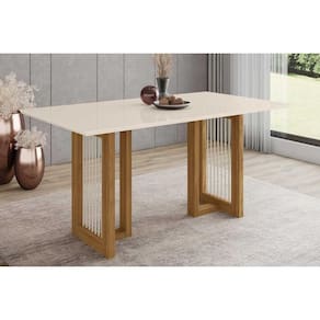 Mesa para Cozinha Yara SC80 c/Tampo Madeirado Vidro Reto 160x90cm Nature/Off White - Henn