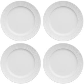 Jogo 4 Pratos em Porcelana Rasos 26,5cm Germer Chevron Redondo Branco Relevo