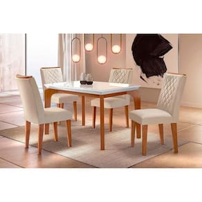 Conjunto: Mesa Sala Jantar Londrina c/ Tampo Madeirado c/ Vidro 120cm + 4 Cadeiras Jade Imbuia/Bege - Rufato