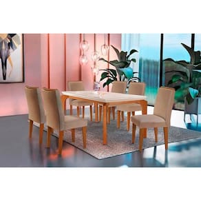 Conjunto: Mesa Sala Jantar Londrina Tampo Madeirado c/ Vidro 180cm + 6 Cadeiras Lunara Imbuia/Linho Rústico - Rufato