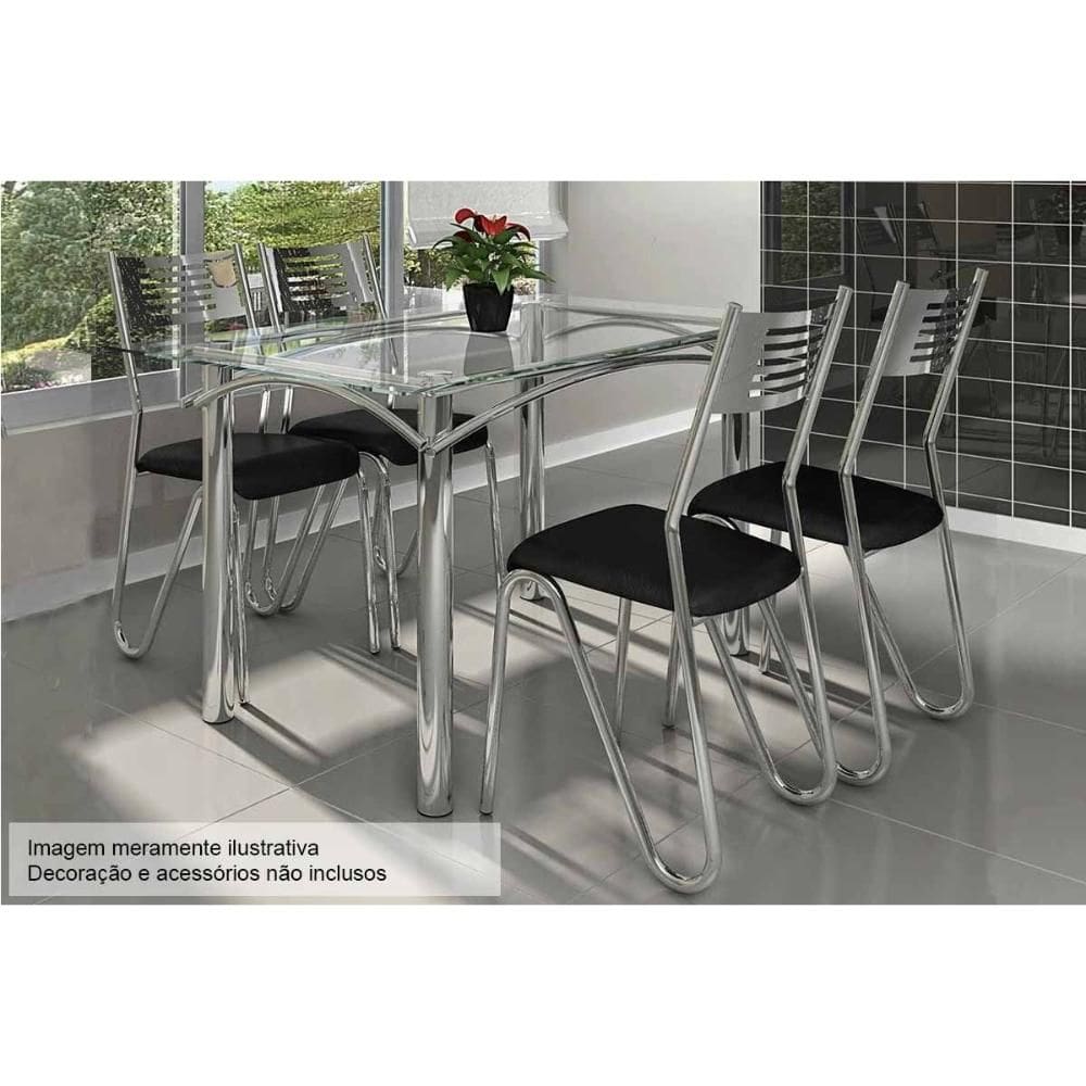 Conjunto: Mesa Sala Jantar Elba c/ Tampo de Vidro 140cm + 4 Cadeiras Nápoles Cromado/Courano Preto - Kappesberg