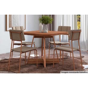 Sala de Jantar Completa 1593 c/ Tampo Madeirado 90x90cm e 4 Cadeiras 1742 Rose/Linho Areia/Courano Caramelo - Carraro