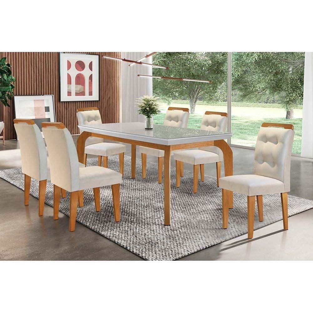 Conjunto: Mesa Sala Jantar Londrina Tampo Madeirado c/ Vidro 180cm + 6 Cadeiras Imperatriz Imbuia/Veludo Creme - Rufato