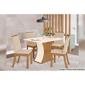 Sala de Jantar Completa Mesa Luiza Tampo Madeirado c/ Vidro Reto 120x80cm e 4 Cadeiras Isa Nature/Linho - Henn