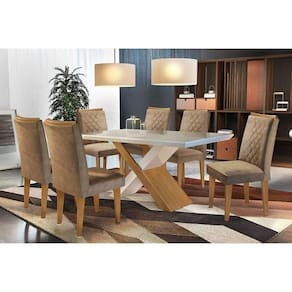 Conjunto: Mesa Sala Jantar Imperatriz c/ Tampo Madeirado Canto Reto 180cm + 6 Cadeiras Jade Imbuia/Chocolate Capuccino - Rufato