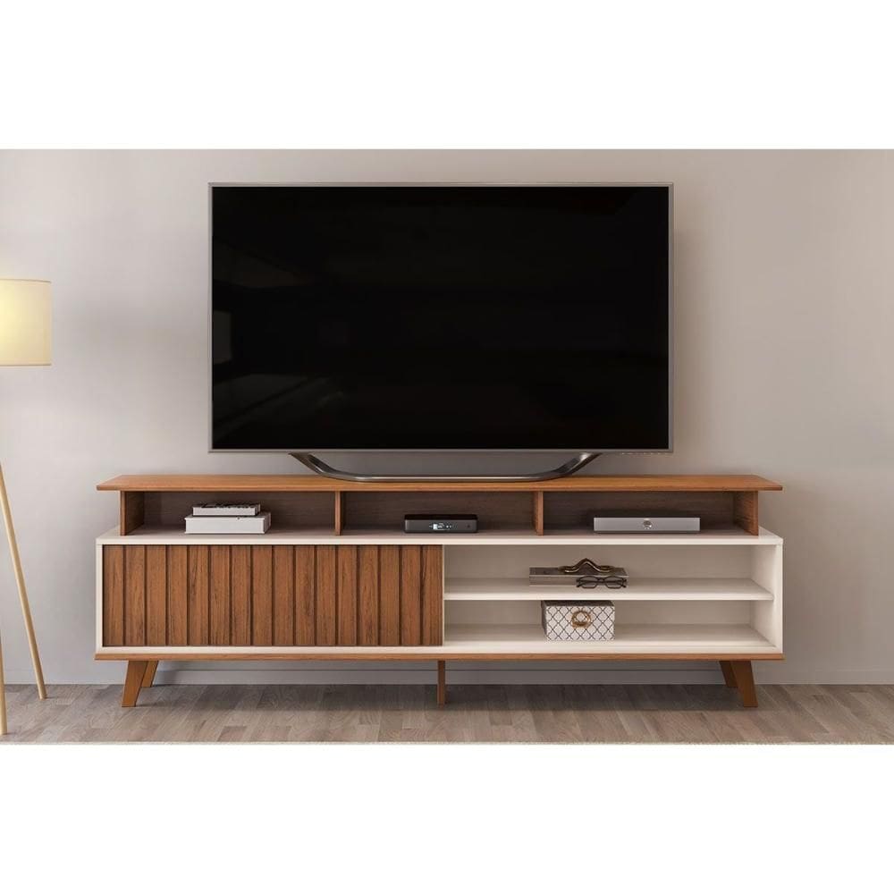 Rack Bancada p/ TV até 70 Pol Flow Ripado c/ 1 Porta 180x60cm Freijó/Off White - DJ Móveis