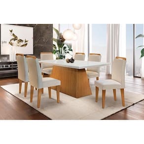 Sala de Jantar Completa Luna c/ Tampo Madeirado c/ Vidro Canto Reto 180cm + 6 Cadeiras Athenas Imbuia -Capuccino/Suede Creme - Rufato