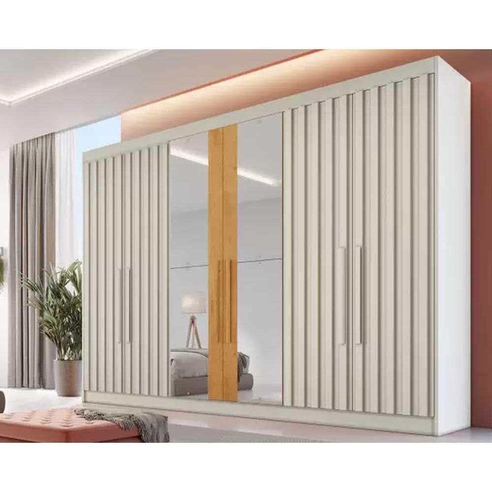 Guarda Roupa Casal 6 Portas (4 Ripadas e 2 c/ Espelho) e 6 Gavetas Potente Off White/Peroba - Europa