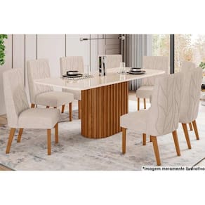 Sala de Jantar Completa Solana c/ Tampo Madeirado c/ Vidro Curvo 200x90cm e 8 Cadeiras Eloá Nature/Suede Light Linho - Henn